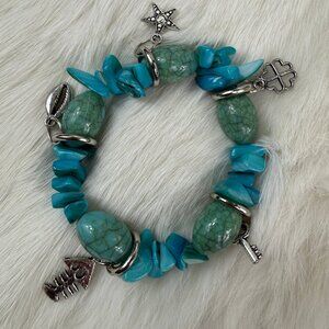 Stretch Charm Bracelet MOP Clover, Key, Fish, Coffee Bean, Star Silver Tone